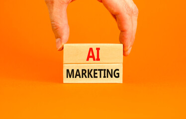 AI marketing symbol. Concept words AI artificial intelligence marketing on beautiful wooden block. Beautiful orange background. Business AI artificial intelligence marketing concept. Copy space.