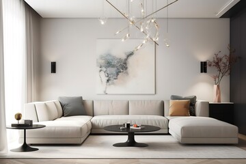 sofa near concrete wall with abstract nature poster. Interior design of modern living room. generative AI
