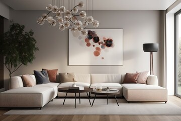 sofa near concrete wall with abstract nature poster. Interior design of modern living room. generative AI