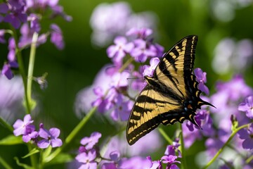 Closeup of a Tiger swallowtail butterfly on lilac flowers, Salt Spring Island, BC Canada