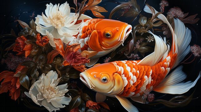 Photo of two vibrant koi fish gracefully swimming in harmony created with Generative AI technology