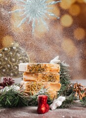 Christmas handmade soaps with falling snow