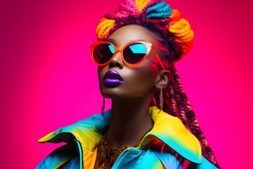 Young african american woman with sunglasses, beautiful makeup, bright neon colors, high fashion, studio portrait. Generated with AI.