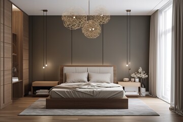 A serene and minimalist bedroom with a sleek platform bed and soft lighting, perfect for restful sleep. Generative AI