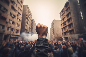 Raised fists in crowd of rioting people - obrazy, fototapety, plakaty