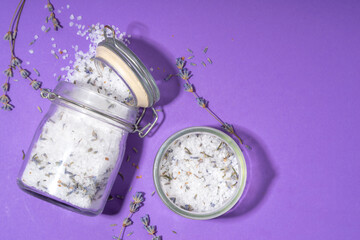 Aromatic lavender salt for cooking. Sea salt mix with dried lavender flowers, trendy seasoning condiment for cooking food, grilling, drinks and cocktails