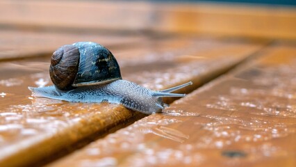 Closeup shot of a snail on a wet wooden surface
