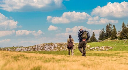 Mountaineers walking on a mountain meadow - Sport and recreation concept