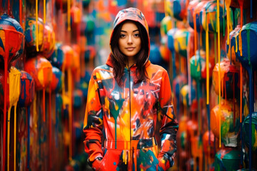 Obraz premium Woman standing in room with dripping paint ,paint poured on coat