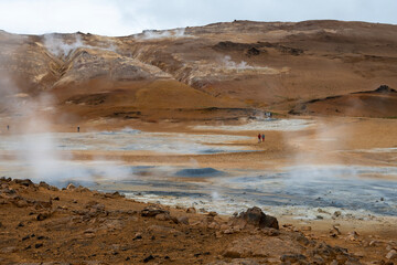 geothermal active fields in Geysir area, Iceland. Located on the popular tourist route known as the Golden Ring