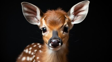  a young deer is looking at the camera with a black background.  generative ai