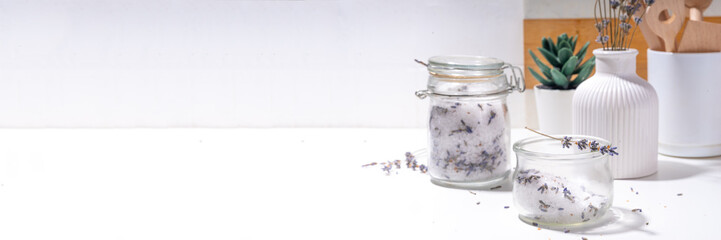 Aromatic lavender salt for cooking. Sea salt mix with dried lavender flowers, trendy seasoning...