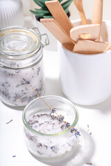 Aromatic lavender salt for cooking. Sea salt mix with dried lavender flowers, trendy seasoning condiment for cooking food, grilling, drinks and cocktails
