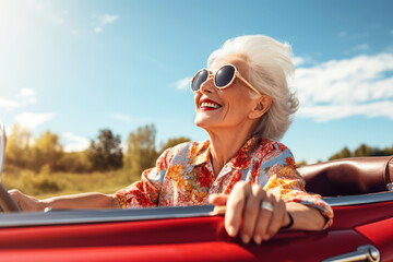 Happy senior woman driving a convertible car on a country road. Modern aging concept. Active life style. AI generated. - obrazy, fototapety, plakaty