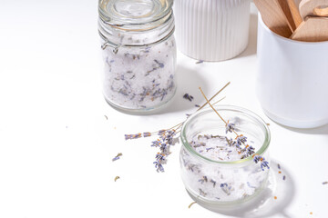 Aromatic lavender salt for cooking. Sea salt mix with dried lavender flowers, trendy seasoning condiment for cooking food, grilling, drinks and cocktails