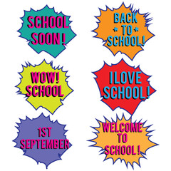 Back to School in comic speech bubbles, pop art style. Education concept. Comic dialog cloud, space cartoon. Set memphis school comic bubble halftone dot. Creative idea conversation explosion balloon
