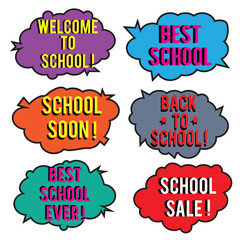 Back to School in comic speech bubbles, pop art style. Education concept. Comic dialog cloud, space cartoon. Set memphis school comic bubble halftone dot. Creative idea conversation explosion balloon