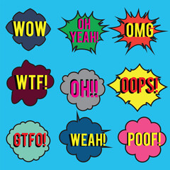 Back to School in comic speech bubbles, pop art style. Education concept. Comic dialog cloud, space cartoon. Set memphis school comic bubble halftone dot. Creative idea conversation explosion balloon