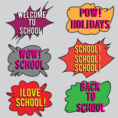 Back to School in comic speech bubbles, pop art style. Education concept. Comic dialog cloud, space cartoon. Set memphis school comic bubble halftone dot. Creative idea conversation explosion balloon