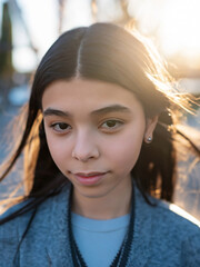 outdoor portrait of a little asian girl with straight straight hair, one earring, fair skin, dressed smartly. sunbeams behind the head