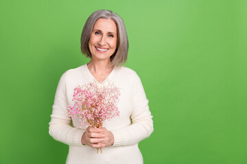 Photo of cute old lady wear white pullover hold bunch gypsophila fresh flowers international women day isolated on green color background