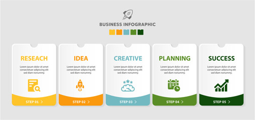 Business infographic colorful process with rectangle shape icons,number and 5 options on white paper,Vector illustration.