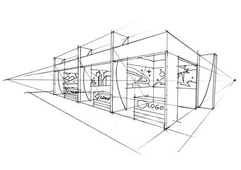 sketch of exhibition booth pencil drawing for card decoration illustration - obrazy, fototapety, plakaty