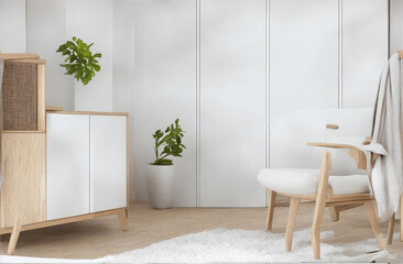 Wood armchair and cabinet in white living room with copy space-Generated with AI
