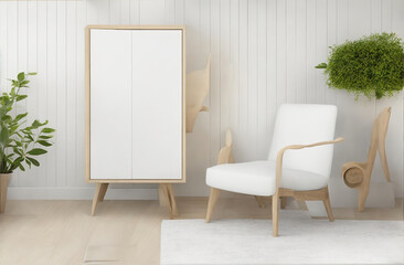 Wood armchair and cabinet in white living room with copy space-Generated with AI (2)