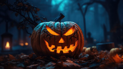 Sinister Halloween Jack-o'-lantern Halloween Horror Background Created with Generative AI