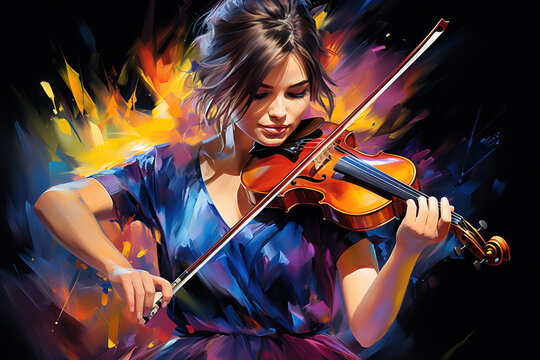 Illustration of a woman playing the violin with a brushstroke painting style, against an abstract background of colors and a black backdrop