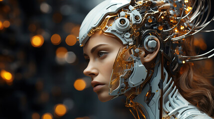 Portrait of a transhumanism or cyborg woman who is half machine or robot. Artificial intelligence. Technology