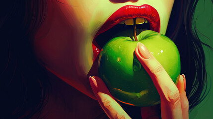 Illustration of a Caucasian woman's torso biting into a green apple