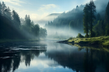 Fototapeta na wymiar Misty morning on a tranquil river, a moment of serenity and reflection.