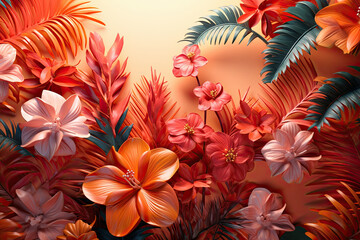 Tropical Paradise Retreat: Palm Leaves, Exotic Flowers, and Warm Sunset Colors Created with Generative AI