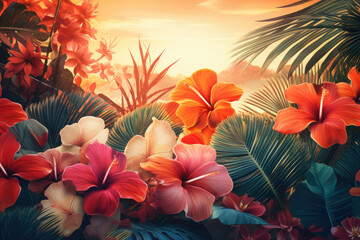 Tropical Paradise Retreat: Palm Leaves, Exotic Flowers, and Warm Sunset Colors 