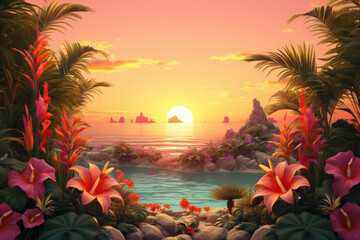 Fototapeta na wymiar Tropical Paradise Retreat: Palm Leaves, Exotic Flowers, and Warm Sunset Colors Created with Generative AI