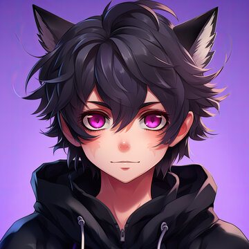 Mischievous Gothic Cat Boy: Adorable Anime Profile Picture Created with Generative AI