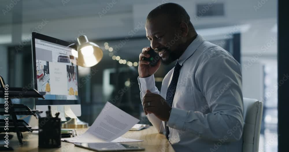 Poster Black man in business, phone call and night at office, paperwork and communication with networking. Happy male person, project report deadline and talk on mobile and working overtime with documents