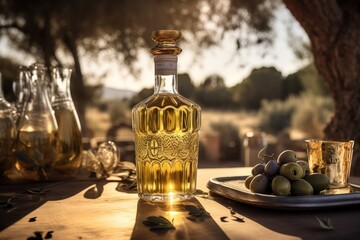 Golden Olive Oil Bottle on Rustic Wooden Table - Sunlit Olive Field