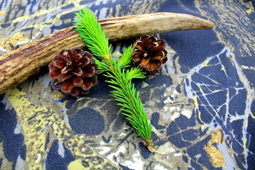 Traveler's and nature lover's accessories on camouflage material