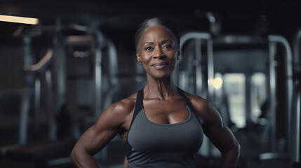 Fototapeta na wymiar Dark skinned muscular mature woman fitness trainer in gym