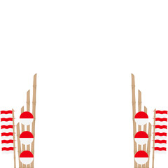 the bamboo gate is decorated with fluttering red and white flag ornaments
