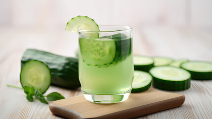 Glass with fresh organic detox cucumber water on white wooden table and copy space. generative ai