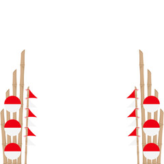 the bamboo gate is decorated with fluttering red and white flag ornaments
