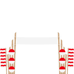 the bamboo gate is decorated with fluttering red and white flag ornaments
