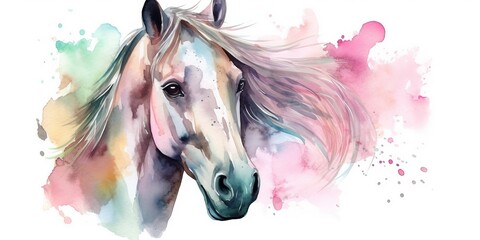Naklejka premium Watercolor illustration of colorful horse on a farm surrounded by flowers and splashes of watercolor paint