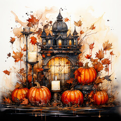 watercolor halloween, pumpkin and Candles in front of a large golded mirror, spiderweb, leaves, flowers