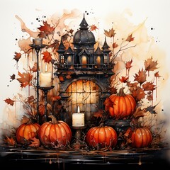 watercolor halloween, pumpkin and Candles in front of a large golded mirror, spiderweb, leaves, flowers