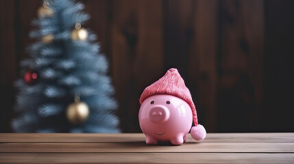 pink piggy bank in a New Year's hat on a wooden background with a place for text. 
concept of savings and accumulation. generative ai 